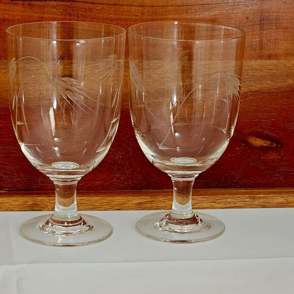 2 Sasaki Wheat Water Ice Tea Glasses etched crystal 5.25" smooth stem 1950s vtg - Picture 1 of 7